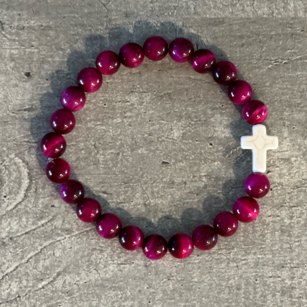 Pink tiger Eye & Howlite cross bracelet